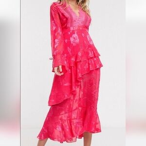 DARK PINK Frill Lacr plunge front midi dress In Hot Pink. Size 8 NWT
